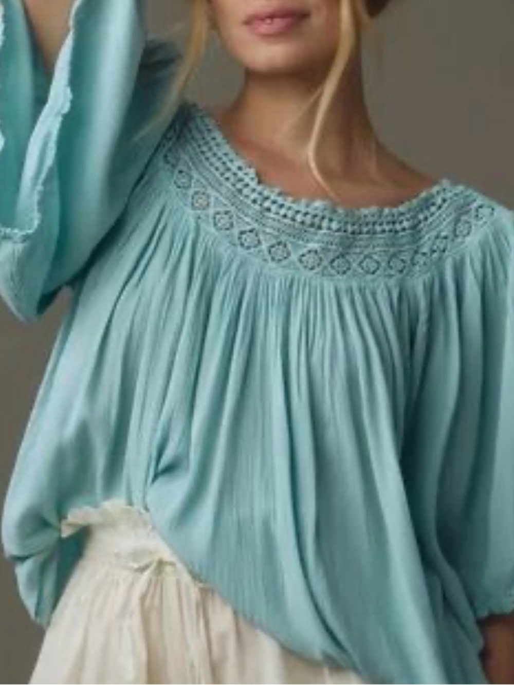 Anthropologie Light blue Crochet Yoke Boho Peasant Top - Women
